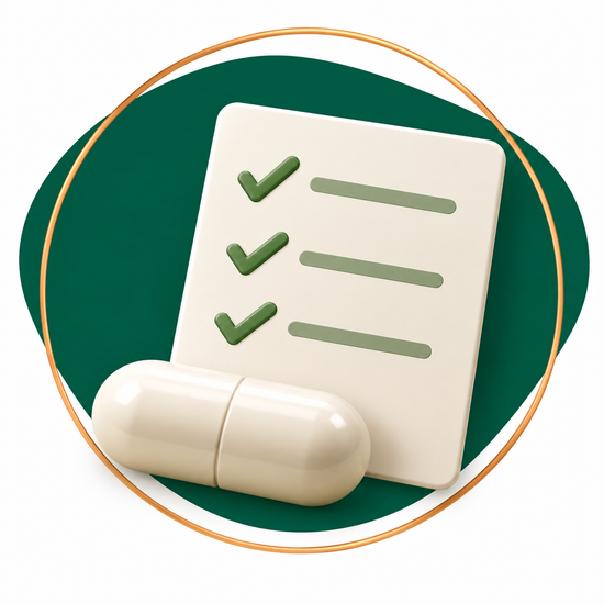 A 3D-rendered medical icon showing a white pill capsule in front of a checklist card with green checkmarks, set on a dark green circular background with a thin gold ring and white outer backdrop.