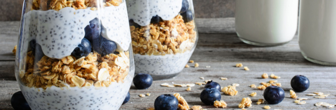 Natural yoghurt with blueberry jam and granola