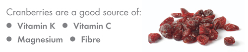 Cranberries are a good source of: Vitamin K, Vitamin C, Magnesium, Fibre