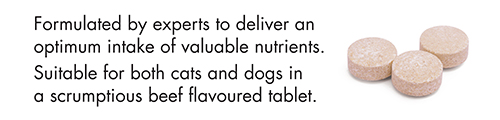 Formulated by experts to deliver an optimum intake of valuable nutrients. Suitable for both cats and dogs in a scrumptious beef flavoured tablet.