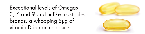 Exceptional levels of Omegas 3, 6 and 9 and unlike most other brands, a whopping 5ug of vitamin D in each capsule.