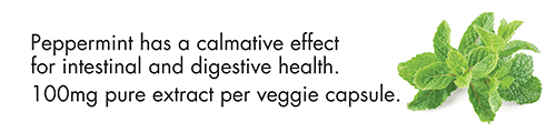 Peppermint has a calmative effect for intestinal and digestive health. 100mg pure extract per veggie capsule.