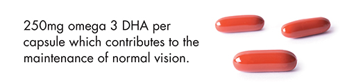 250mg omega 3 DHA per capsule which contributes to the maintenance of normal vision.