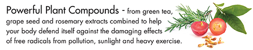 Powerful Plant Compounds - from green tea, grape seed and rosemary extracts combined to help your body defend itself against the damaging effects of free radicals from pollution, sunlight and heavy exercise.