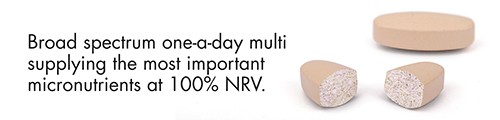 Broad spectrum one-a-day multi supplying the most important micronutrients at 100% NRV.