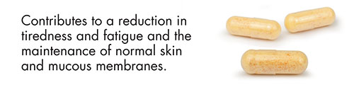 Contributes to a reduction in tiredness and fatigue and the maintenance of normal skin and mucous membranes.