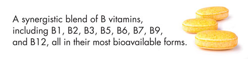A synergistic blend of B vitamins, including B1, B2, B3, B5, B6, B7, B9 and B12, all in their most bioavailable forms.